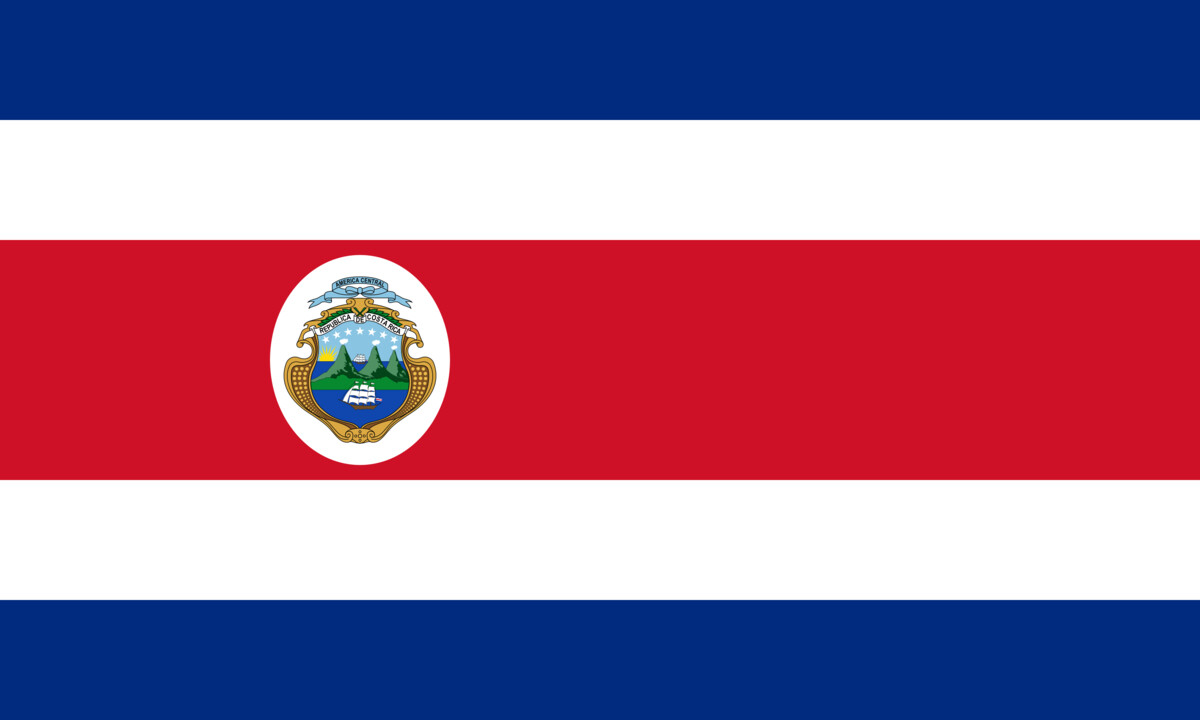 State flag of Costa Rica with national coat of arms on the red stripe, used by government and official institutions.